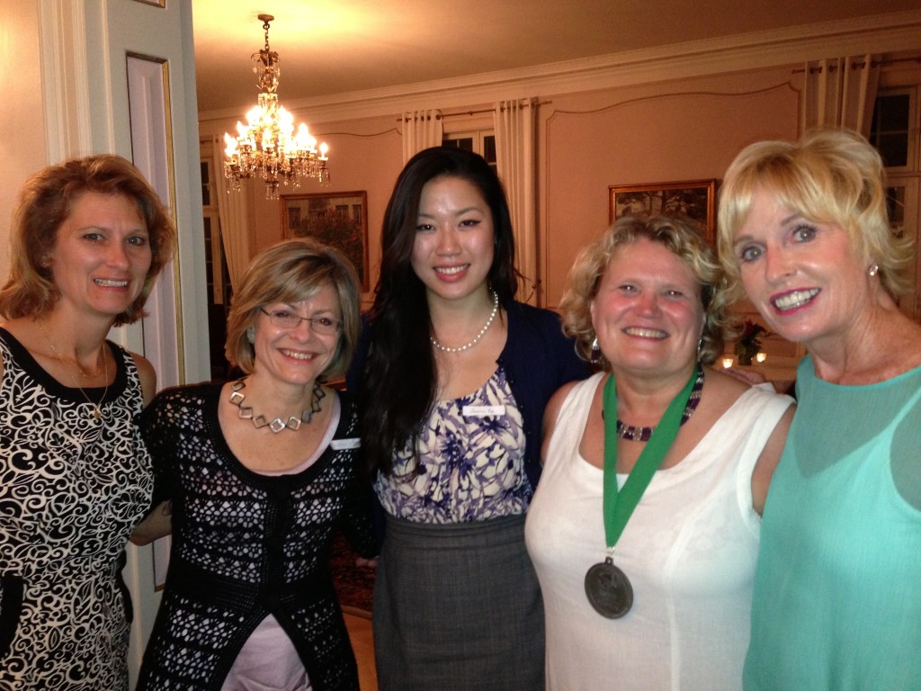 Coach Kemper's Athletic Achievement Award, 2013, Rev. Dr. Cecilie Strommen (L to R) Tiia Karlen, wife of Congressman Rick Larsen, Christine Sager (Switzerland), Switzerland, Joanne Ke, AAA recieptant, 2013, Rev. Dr. Cecile Strommen (Norway), and Coach Kathy Kemper 