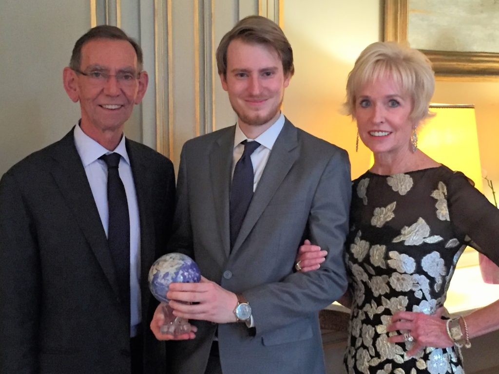 2016 International Diplomacy Honoree, H.E. Johan C. Verbeke is presented the award by IFE Distinguished Fellow, The Honorable Dr. R. David Edelman and Coach Kathy Kemper.